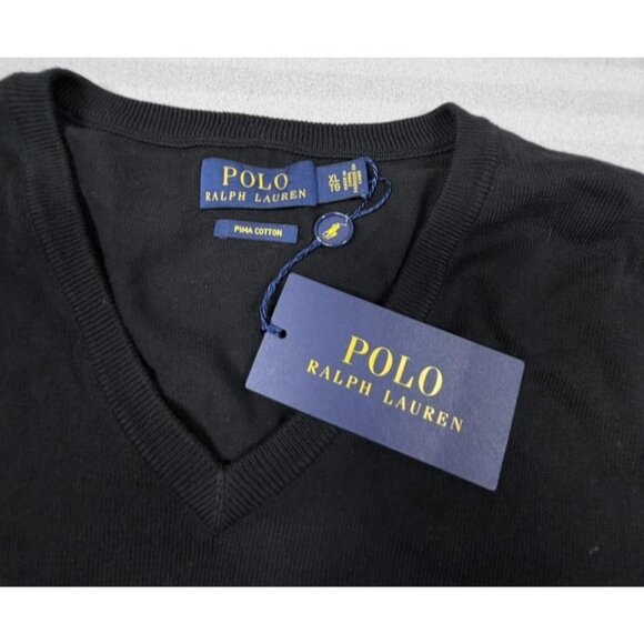 Polo Ralph Lauren Sweater Mens Extra Large Black Pima Cotton V Neck Red Pony - Picture 2 of 8